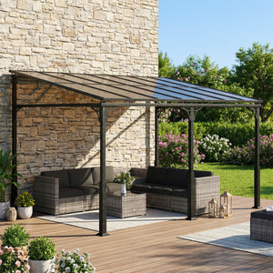 13' x 10' Lean to Gazebo, Hardtop Wall Mounted Outdoor Pergola with Polycarbonate Roof and Metal-Aluminium Frame, Heavy Duty Metal Pergola for Patio Deck Backyard, Brown