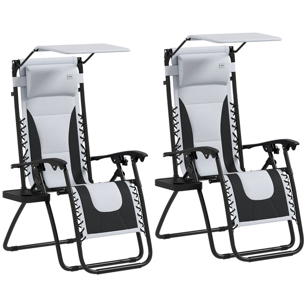 Zero Gravity Lounger Chair Set of 2, Folding Reclining Patio Chair with Shade Cover, Padded Seat, Cup Holder, Soft Cushion and Headrest for Poolside, Camping, Light Grey
