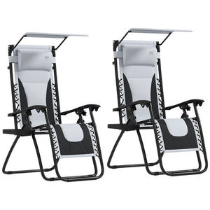 Zero Gravity Lounger Chair Set of 2, Folding Reclining Patio Chair with Shade Cover, Padded Seat, Cup Holder, Soft Cushion and Headrest for Poolside, Camping, Light Grey