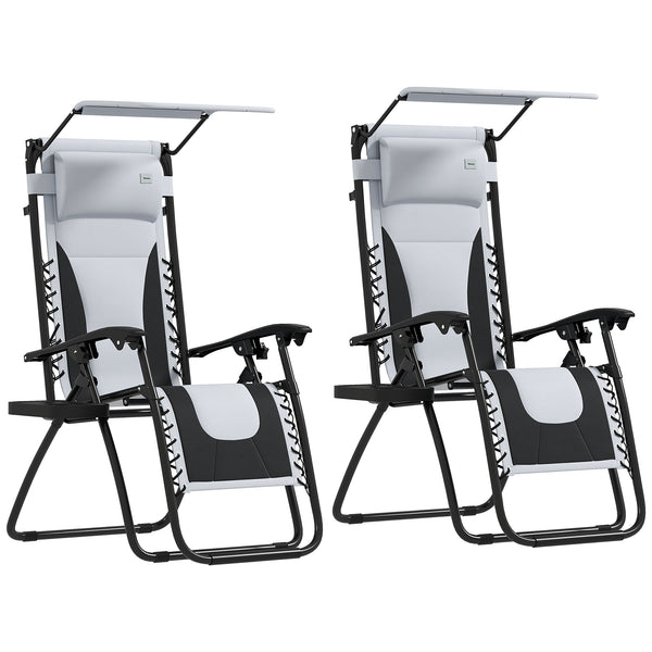Zero Gravity Lounger Chair Set of 2, Folding Reclining Patio Chair with Shade Cover, Padded Seat, Cup Holder, Soft Cushion and Headrest for Poolside, Camping, Light Grey