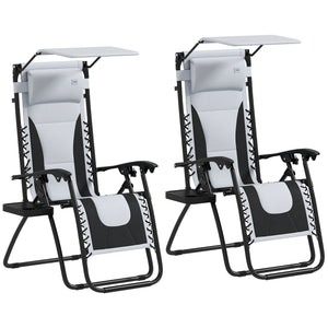 Zero Gravity Lounger Chair Set of 2, Folding Reclining Patio Chair with Shade Cover, Padded Seat, Cup Holder, Soft Cushion and Headrest for Poolside, Camping, Light Grey