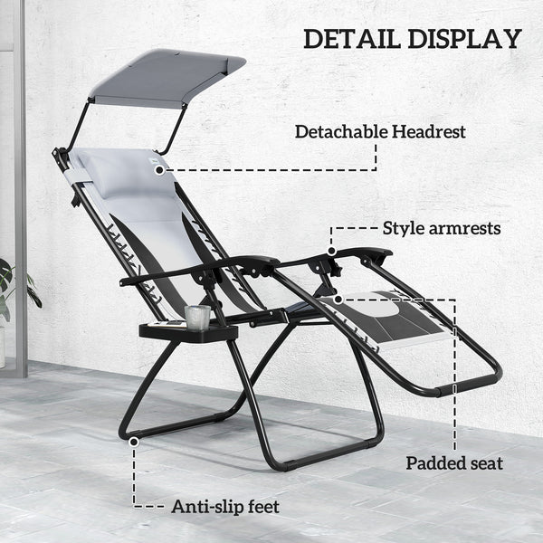 Zero Gravity Lounger Chair Set of 2, Folding Reclining Patio Chair with Shade Cover, Padded Seat, Cup Holder, Soft Cushion and Headrest for Poolside, Camping, Light Grey