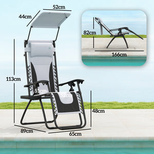 Zero Gravity Lounger Chair Set of 2, Folding Reclining Patio Chair with Shade Cover, Padded Seat, Cup Holder, Soft Cushion and Headrest for Poolside, Camping, Light Grey