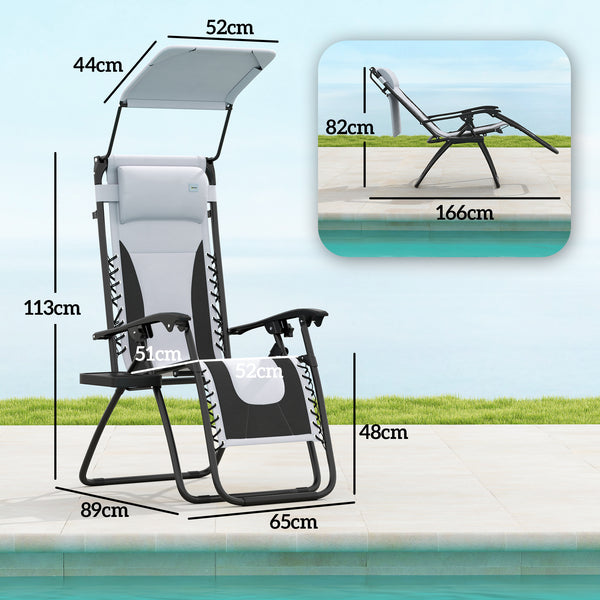 Zero Gravity Lounger Chair Set of 2, Folding Reclining Patio Chair with Shade Cover, Padded Seat, Cup Holder, Soft Cushion and Headrest for Poolside, Camping, Light Grey