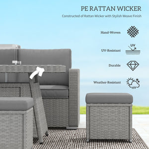 7 Pieces PE Rattan Garden Furniture Set, 50,000 BTU Gas Fire Pit Table, Double Corner Sofa and 3 Footstools, 6 Seater Furniture Sofa Sets with Cushions for Conservatory, Grey