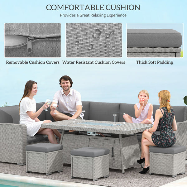 7 Pieces PE Rattan Garden Furniture Set, 50,000 BTU Gas Fire Pit Table, Double Corner Sofa and 3 Footstools, 6 Seater Furniture Sofa Sets with Cushions for Conservatory, Grey