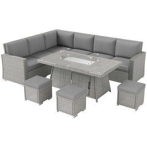 7 Pieces PE Rattan Garden Furniture Set, 50,000 BTU Gas Fire Pit Table, Double Corner Sofa and 3 Footstools, 6 Seater Furniture Sofa Sets with Cushions for Conservatory, Grey