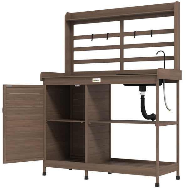 Outsunny Outdoor Wooden Potting Bench Table with Sink and Water Tap, Garden Workstation with Storage Cabinet, Storage Shelves for Backyard, Patio, Balcony, Dark Brown
