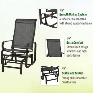 3 Pieces Garden Gliding Chair Set, Metal Frame 2 Single Armchair Swing Seater and 1 Glass Top Coffee Table w/ Breath Mesh Fabric Seat, Brown
