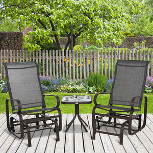 3 Pieces Garden Gliding Chair Set, Metal Frame 2 Single Armchair Swing Seater and 1 Glass Top Coffee Table w/ Breath Mesh Fabric Seat, Brown