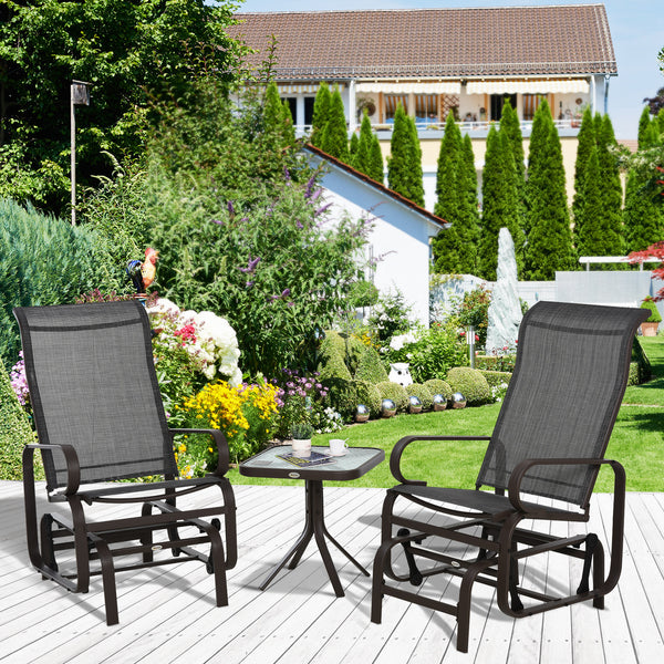 3 Pieces Garden Gliding Chair Set, Metal Frame 2 Single Armchair Swing Seater and 1 Glass Top Coffee Table w/ Breath Mesh Fabric Seat, Brown