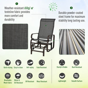 3 Pieces Garden Gliding Chair Set, Metal Frame 2 Single Armchair Swing Seater and 1 Glass Top Coffee Table w/ Breath Mesh Fabric Seat, Brown