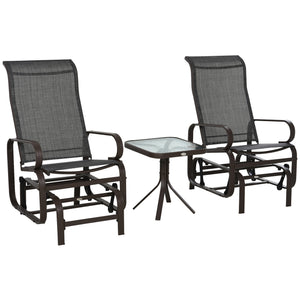 3 Pieces Garden Gliding Chair Set, Metal Frame 2 Single Armchair Swing Seater and 1 Glass Top Coffee Table w/ Breath Mesh Fabric Seat, Brown