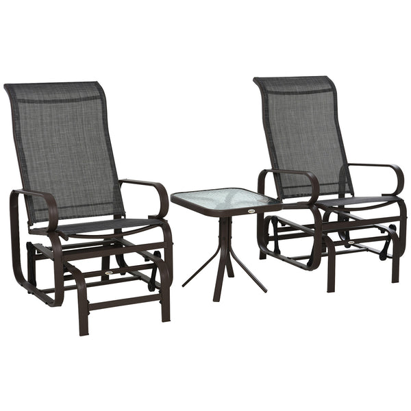 3 Pieces Garden Gliding Chair Set, Metal Frame 2 Single Armchair Swing Seater and 1 Glass Top Coffee Table w/ Breath Mesh Fabric Seat, Brown