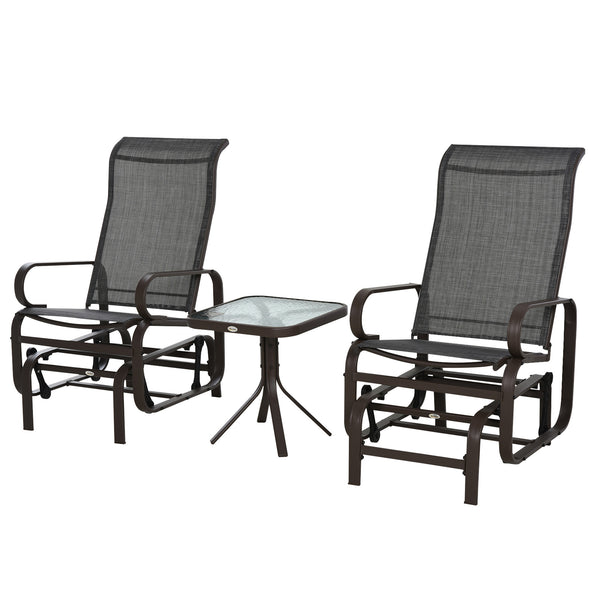 3 Pieces Garden Gliding Chair Set, Metal Frame 2 Single Armchair Swing Seater and 1 Glass Top Coffee Table w/ Breath Mesh Fabric Seat, Brown