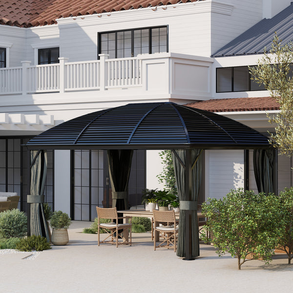 10' x 13' Hardtop Gazebo Canopy with Galvanized Steel Roof, Aluminum Permanent Pavilion Outdoor Gazebo with Top Hook, Netting and Curtains for Garden, Backyard, Dark Grey