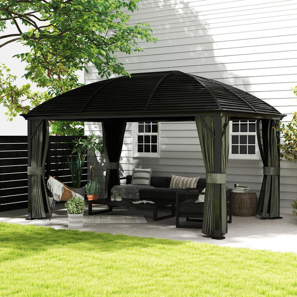 10' x 13' Hardtop Gazebo Canopy with Galvanized Steel Roof, Aluminum Permanent Pavilion Outdoor Gazebo with Top Hook, Netting and Curtains for Garden, Backyard, Dark Grey