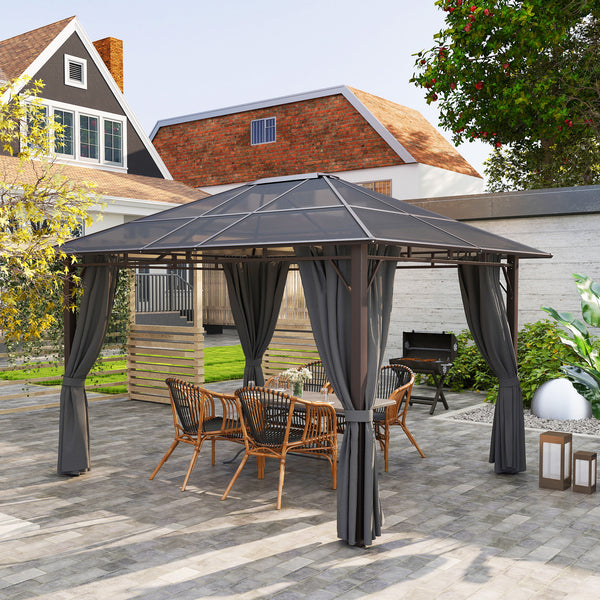3 x 3.6m Hardtop Gazebo Canopy with Polycarbonate Roof Garden Pavilion with Removable Curtains and Steel Frame, Dark Grey