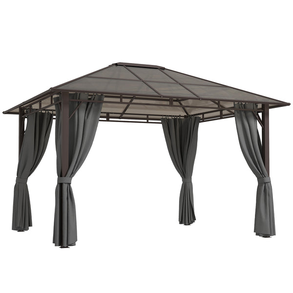 3 x 3.6m Hardtop Gazebo Canopy with Polycarbonate Roof Garden Pavilion with Removable Curtains and Steel Frame, Dark Grey