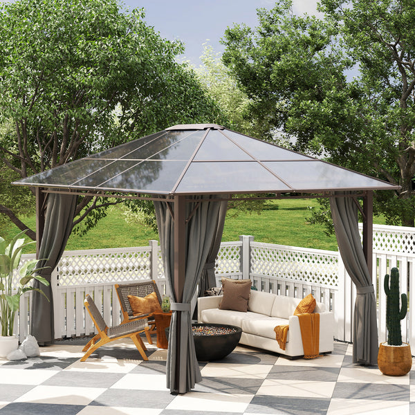 3 x 3.6m Hardtop Gazebo Canopy with Polycarbonate Roof Garden Pavilion with Removable Curtains and Steel Frame, Dark Grey