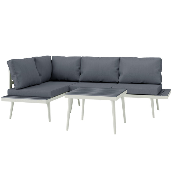 3 Piece Garden Furniture Set with 5-Level Adjustable Lounger, L Shaped Garden Corner Sofa with Cushions, Mesh Seat, Slatted Wood-Grain Table, Outdoor Furniture Set for Conservatory, Grey
