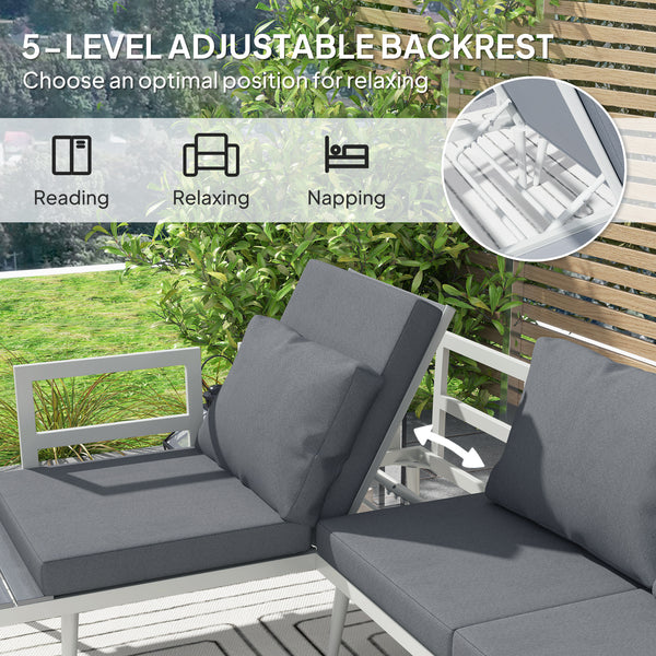 3 Piece Garden Furniture Set with 5-Level Adjustable Lounger, L Shaped Garden Corner Sofa with Cushions, Mesh Seat, Slatted Wood-Grain Table, Outdoor Furniture Set for Conservatory, Grey