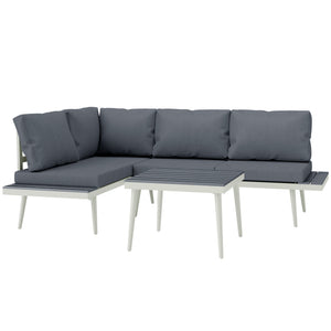 3 Piece Garden Furniture Set with 5-Level Adjustable Lounger, L Shaped Garden Corner Sofa with Cushions, Mesh Seat, Slatted Wood-Grain Table, Outdoor Furniture Set for Conservatory, Grey