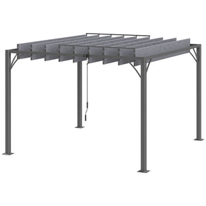 9.5' x 9.7' Outdoor Pergola with Retractable Roof, AluminIum Louvered Pergola Canopy, Patio Shelter with Ground Stakes for Patio, Lawn, Garden, Grey