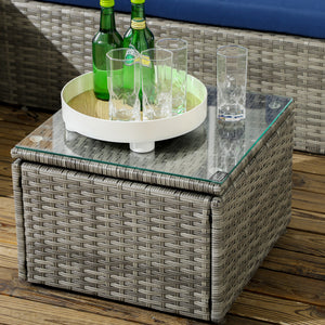 3-Piece Patio Furniture Set Modern Sectional Sofa Rattan Chair Wicker Conversation Set Outdoor Hand Woven Rattan Wicker Furniture Patio Coffee Table Sofa Set, Navy Blue