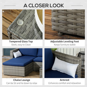 3-Piece Patio Furniture Set Modern Sectional Sofa Rattan Chair Wicker Conversation Set Outdoor Hand Woven Rattan Wicker Furniture Patio Coffee Table Sofa Set, Navy Blue