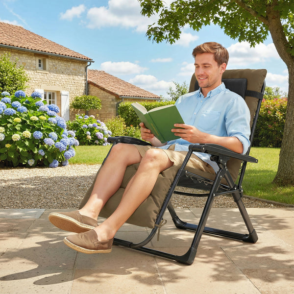 Reclining Zero Gravity Chair with Adjustable Backrest, Folding Garden Sun Lounger, Outdoor Recliner with Removable Cushion and Headrest, Khaki