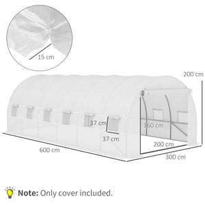 6 x 3 x 2m Greenhouse Replacement Cover ONLY Winter Garden Plant PE Cover for Tunnel Walk-in Greenhouse with Roll-up Windows Door Outdoor, White