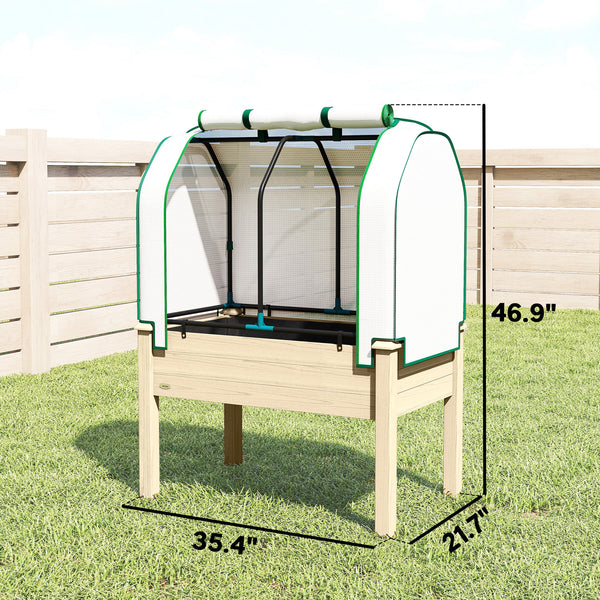 Raised Garden Bed with PE Greenhouse Cover Outdoor Elevated Wood Planter Box for Herbs and Vegetables, Use for Patio, Backyard, Balcony, 35 x 22 x 47 inch, Natural