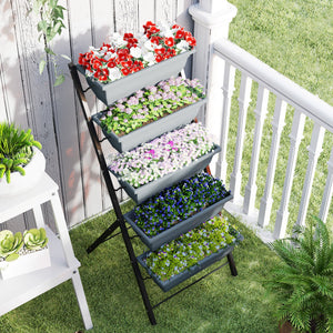 5-Tier Raised Garden Bed with 5 Planter Boxes, Outdoor Plant Stand Grow Containers with Leaking Holes for Balcony Patio Outdoor, Grey