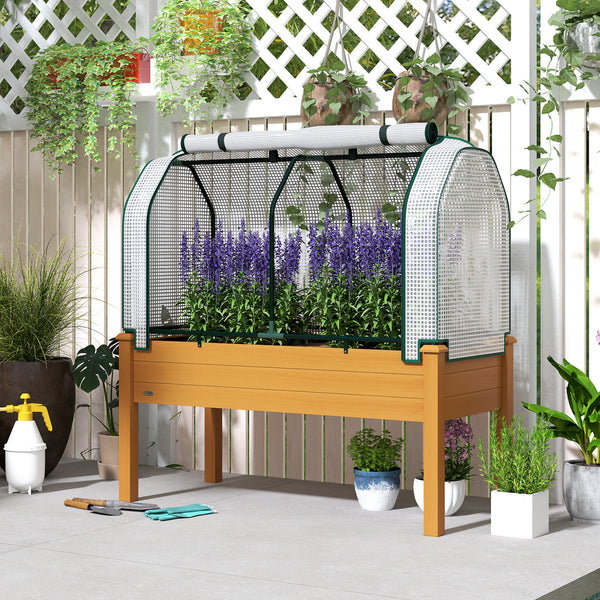 Raised Garden Bed with PE Greenhouse Cover Outdoor Elevated Wood Planter Box for Herbs and Vegetables, Use for Patio, Backyard, Balcony, 48 x 22 x 46 inch, Sand