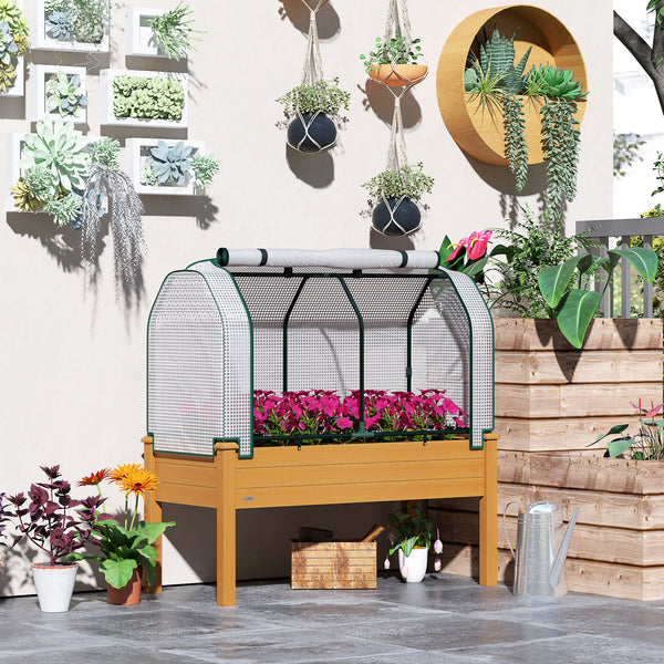 Raised Garden Bed with PE Greenhouse Cover Outdoor Elevated Wood Planter Box for Herbs and Vegetables, Use for Patio, Backyard, Balcony, 48 x 22 x 46 inch, Sand