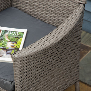 2 Pieces Outdoor PE Rattan Dining Chairs Set with Cushion, Garden Armchair with Armrests, High Backrest, Metal Frame Patio Wicker Furniture, Grey