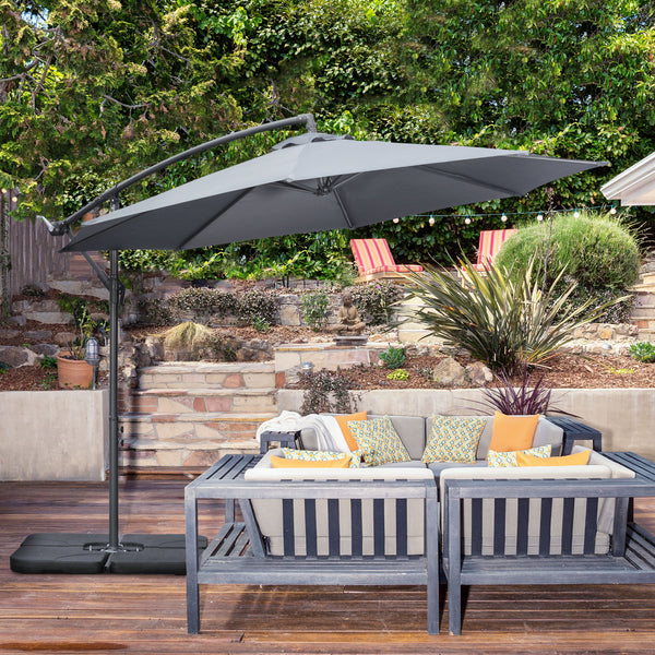 9.6ft Offset Patio Umbrella with Base, Garden Hanging Parasol with Crank, Banana Cantilever Umbrella Sun Shade, Dark Grey