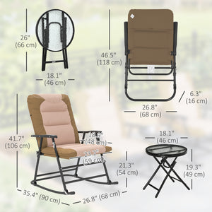 3pc Patio Foldable Rocking Chair Set, Outdoor Rocking Chairs and Table Bistro Set w/ Padded Seat, Headrest, Backrest for Park, Backyard, Garden, Light Brown