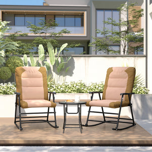 3pc Patio Foldable Rocking Chair Set, Outdoor Rocking Chairs and Table Bistro Set w/ Padded Seat, Headrest, Backrest for Park, Backyard, Garden, Light Brown