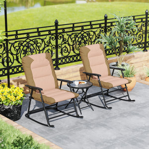 3pc Patio Foldable Rocking Chair Set, Outdoor Rocking Chairs and Table Bistro Set w/ Padded Seat, Headrest, Backrest for Park, Backyard, Garden, Light Brown