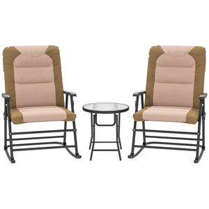 3pc Patio Foldable Rocking Chair Set, Outdoor Rocking Chairs and Table Bistro Set w/ Padded Seat, Headrest, Backrest for Park, Backyard, Garden, Light Brown