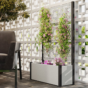 Wicker Outdoor Planter with Trellis, 58" Standing Raised Garden Bed with Liner, Drainage Holes, Privacy Screen Planter Box for Climbing Plants, Flowers, Mixed Grey