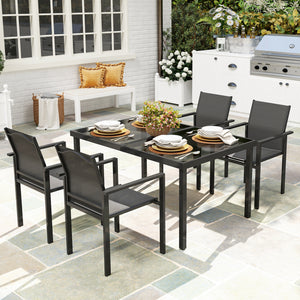 5 Piece Patio Dining Set, Outdoor Table and Chairs with 2.1" Umbrella Hole, 4 Stackable Chairs, Tempered Glass Top, Rust-Resistant Metal Frame for Backyard, Porch, Deck