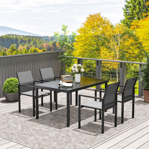 5 Piece Patio Dining Set, Outdoor Table and Chairs with 2.1" Umbrella Hole, 4 Stackable Chairs, Tempered Glass Top, Rust-Resistant Metal Frame for Backyard, Porch, Deck
