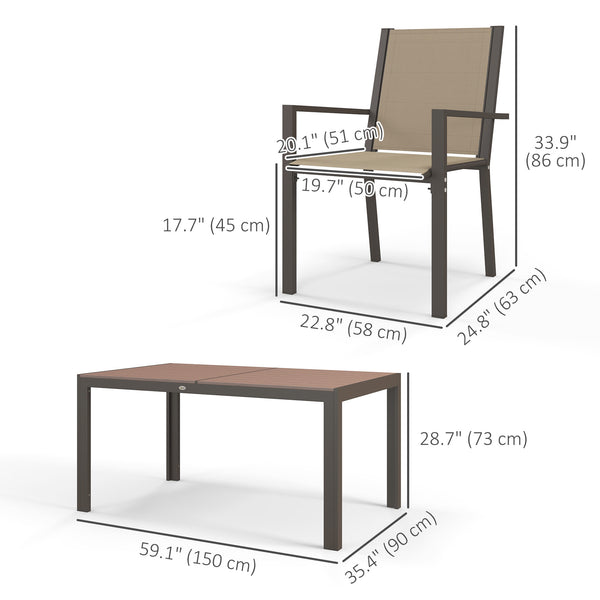 7 Piece Patio Dining Set, Outdoor Dining Table and 6 Stackable Chairs, Metal Patio Furniture Set with WPC Top, Breathable Mesh for Garden, Backyard, Poolside, Khaki