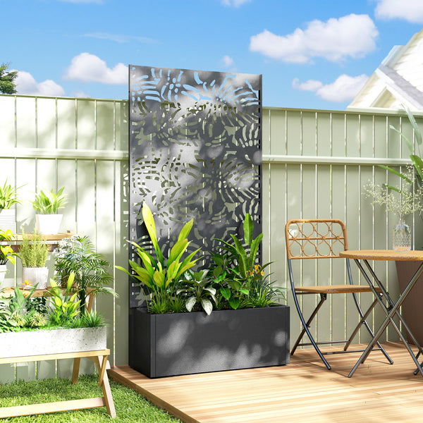 Metal Planter Box with Trellis, 71" Tall Raised Garden Bed with Trellis Privacy Screen and Drainage Holes, Banana-Leaf Cut-Out Outdoor Privacy Planter for Climbing Plants, Vegetables, Vines