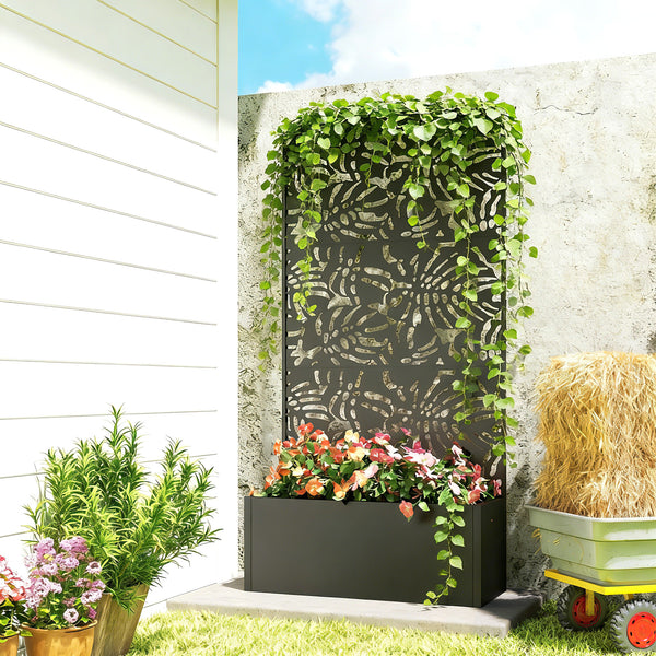 Metal Planter Box with Trellis, 71" Tall Raised Garden Bed with Trellis Privacy Screen and Drainage Holes, Banana-Leaf Cut-Out Outdoor Privacy Planter for Climbing Plants, Vegetables, Vines