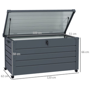 331 Litre Garden Storage Box, Waterproof Outdoor Storage Box with Wheels and Handles, Lockable Galvanised Steel Outside Deck Box Organiser for Tools, Cushions, Dark Grey