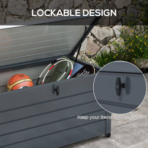 331 Litre Garden Storage Box, Waterproof Outdoor Storage Box with Wheels and Handles, Lockable Galvanised Steel Outside Deck Box Organiser for Tools, Cushions, Dark Grey